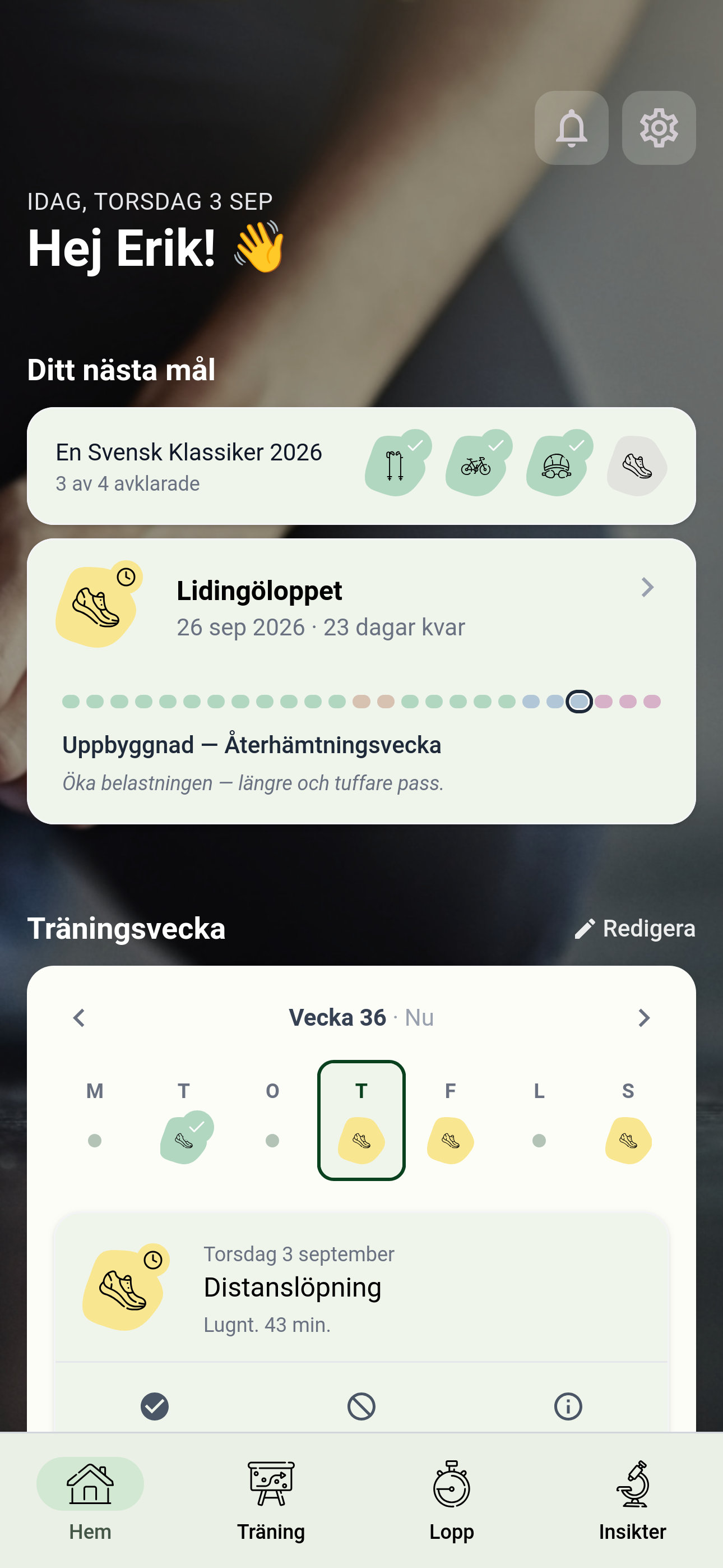 Appens startsida med nästa lopp och veckans träning